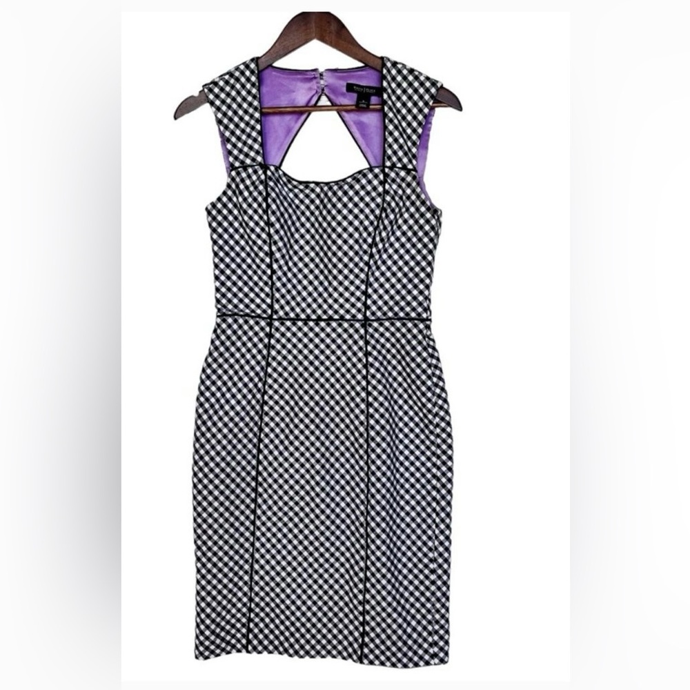 Black & White Market Sleeveless Gingham Sheath Dress w/Black Piping
